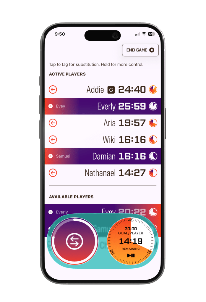 A smartphone screen displays InTimer, the equal play time track for youth sports teams/ Screen shows active and available players. The active players section lists names with associated timers and colored icons. The available players section is partially visible at the bottom, along with a large circular substitution button and a timer labeled "GOALPLAYER" showing 14:19 remaining. The interface uses purple, red, and orange accents.