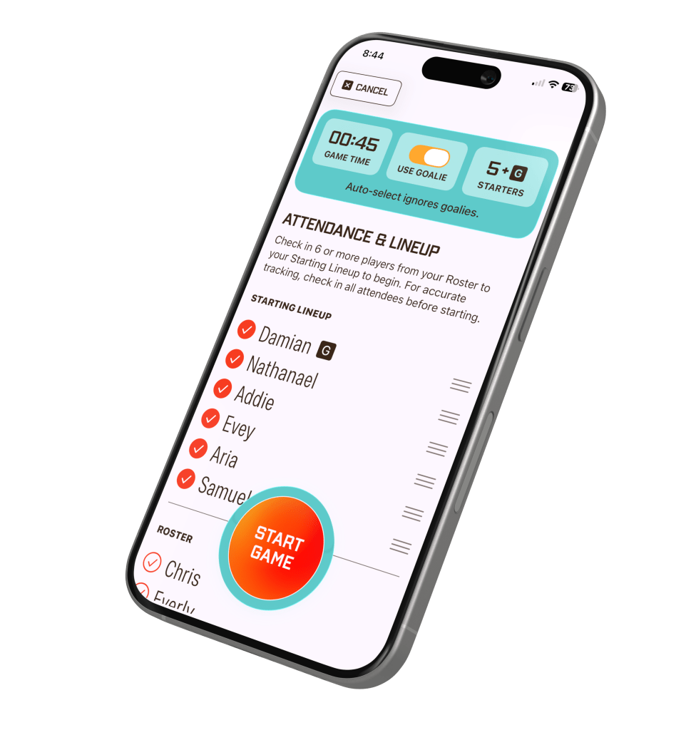Smartphone displaying InTimer, an equal playing time app for youth sports.  Liquid Glass Interface shows roster lineup equal game time settings, starter selection and a prominent "Start Game" button for organizing and tracking fair play or equal game time.